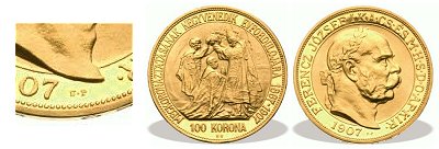 1907-es utánveret arany 100 koronás UP jelöléssel