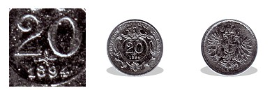1894-es osztrák ezüstözött cink miniatűr 20 filléres (mini érme)