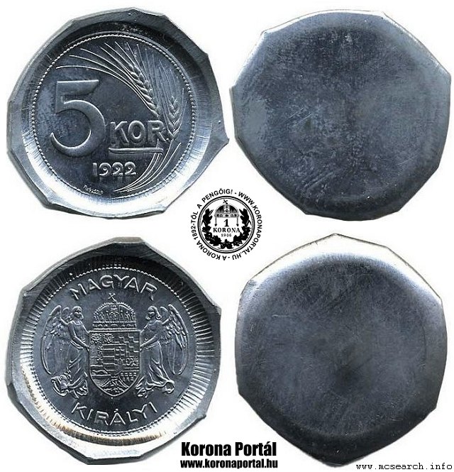 1922-es 5 korons lom anyagprba, egyoldalas veret.