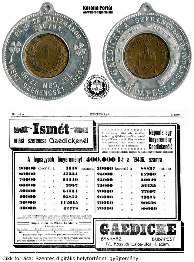 1900-as bronz 1 fillres rmebettes szerencse talizmn - Gaedicke Bankhz Budapest szerencse talizmnja medl vltozata
