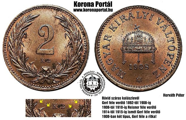 1908-as 2 fillr (rvid szras) Gerl fle vert - (1908 2 fillr)