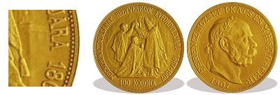 1907-es koronzsi prbaveret arany 100 korons, teljes fellet matt, htlapon vonalkr hinyzik.