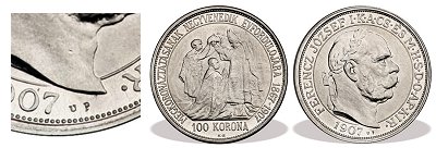 1907-es utnveret platina 100 korons UP jellssel