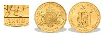 1908-as utnveret arany 100 korons