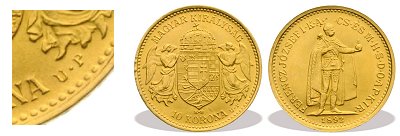 1892-es arany utnveret 10 korons UP jelzssel