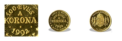 1992-es arany miniatr 10 korons (mini rme) 100 ves a korona 1992
