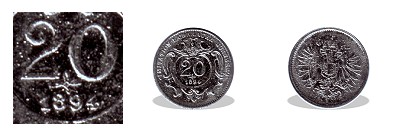 1894-es osztrk ezstztt cink miniatr 20 fillres (mini rme)