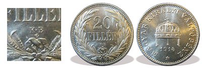 1914-es nikkel rozetts utnveret 20 fillres