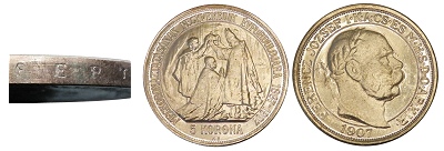 1907-es koronzsi 5 korons hamis msolat fert perembetssel olaszorszgbl.