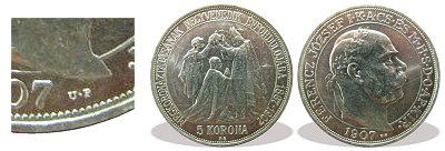 1907-es ezst utnveret koronzsi 5 korona U.P. jelzssel