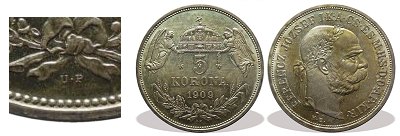 1909-es ezst utnveret 5 korona U.P. jelzssel
