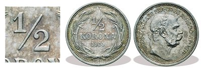 1915-s ezst fl korons prbaveret (1/2 korona)