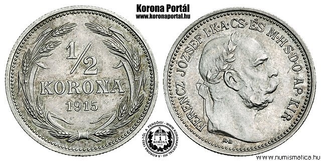 1915-s ezst fl korons prbaveret (1/2 korona)