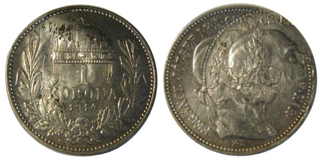 1914-es hzilag megronglt 1 korons ezstrme