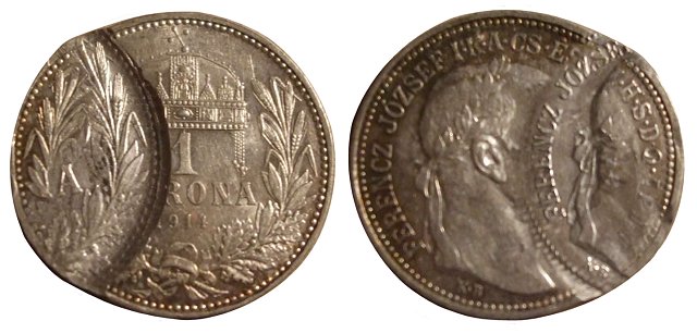 1914-es hzilag megronglt 1 korons ezstrme