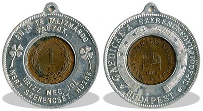 1900-as bronz 1 fillres rmebettes szerencse talizmn - Gaedicke Bankhz Budapest szerencse talizmnja medl vltozata